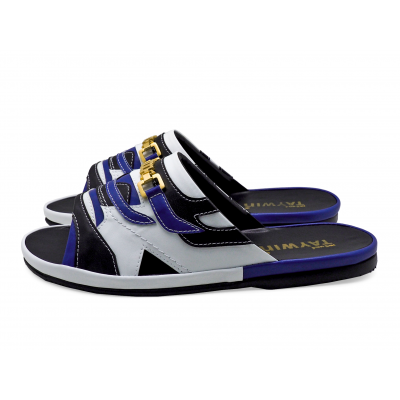 รองเท้าแตะ SKF-38 หนังไมโครไฟเบอร์นิ่มดำ-น้ำเงิน-นิ่มขาวสลับ